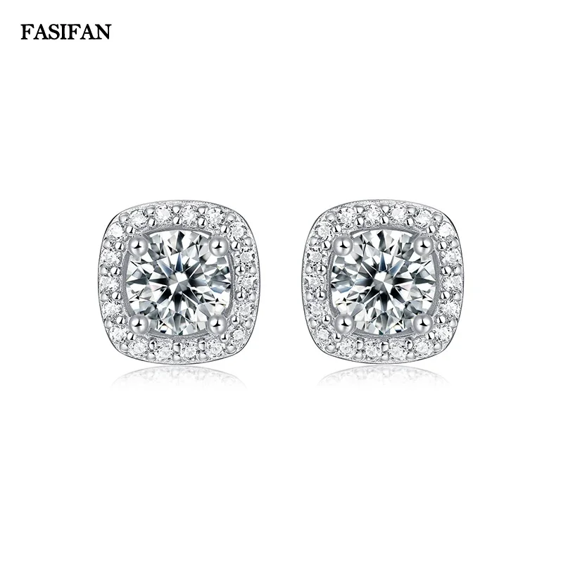 Fasifan D color imported moissanite sterling silver earrings sugar cube 18K gold men and women light luxury niche Super Flash