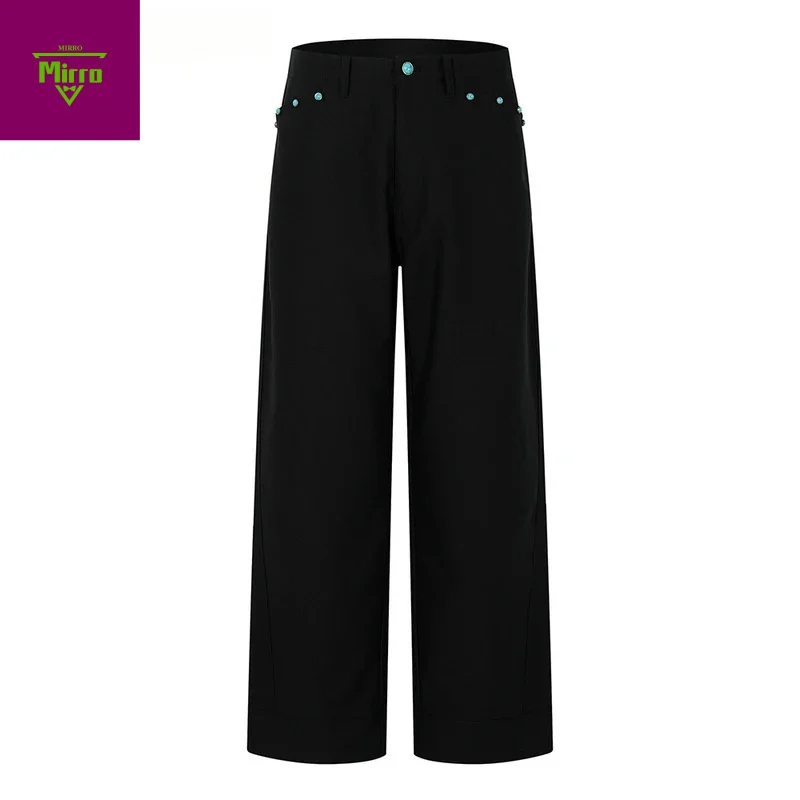 

【Mirrordust】Брюки с украшением на пуговицах, мужские однотонные брюки в стиле ретро, прямые широкие брюки, мешковатые мужские брюки