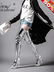 15CM Super Stiletto Heels Silver Crystal Platform Small Size Over The Knee Boots Clubbing Stripper Queen 6 Inches Fashion Mature