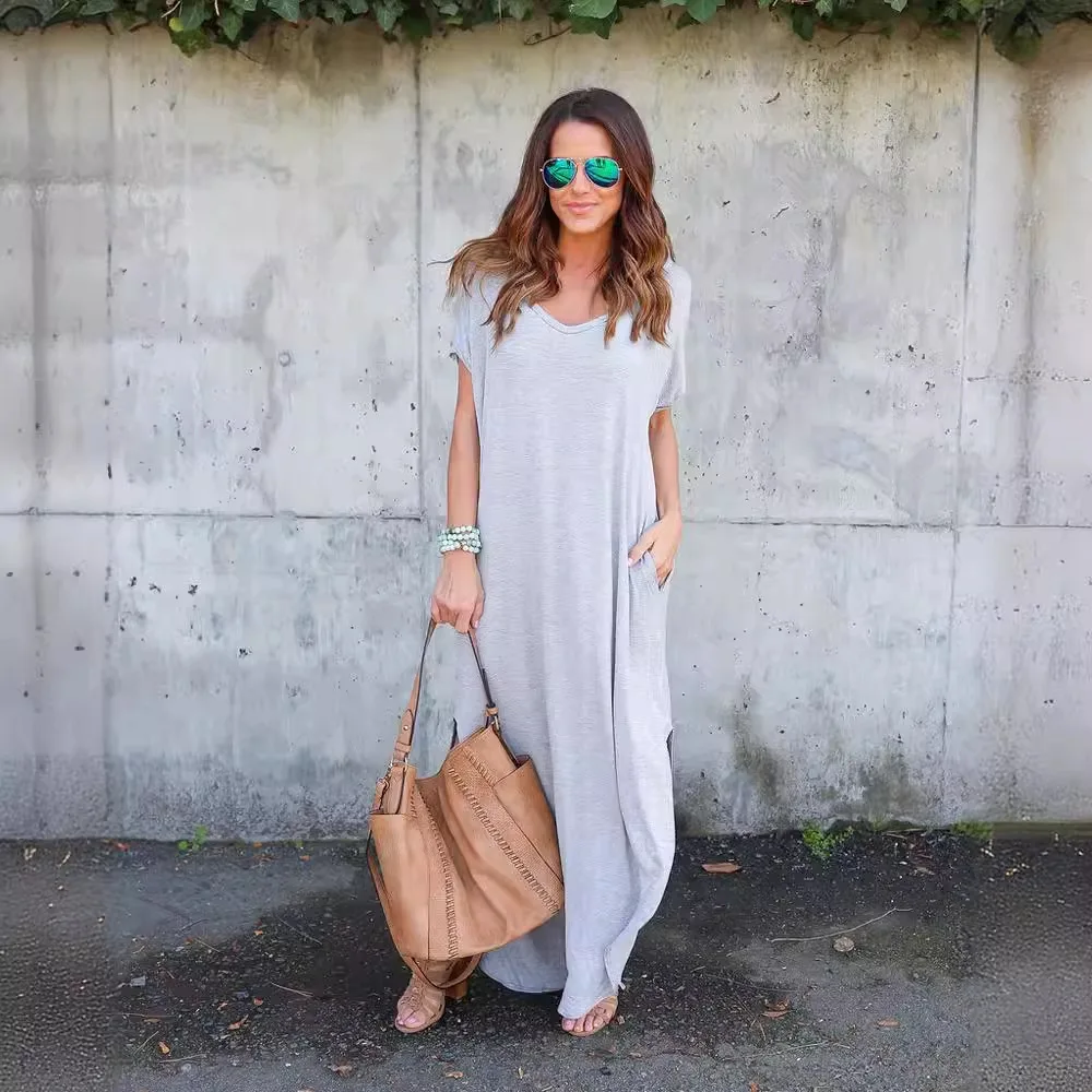 

Amazon Summer Hot Sale 2025 Solid Color Women s V-neck Backless Dress Fashion Pocket Split Loose Tank Top
