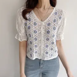 Korean Fashion Sweet Puff Sleeve Embroidery Lace Blouses Women Summer Casual Cute Button Up Shirt Female Clothes Cheap Wholesale