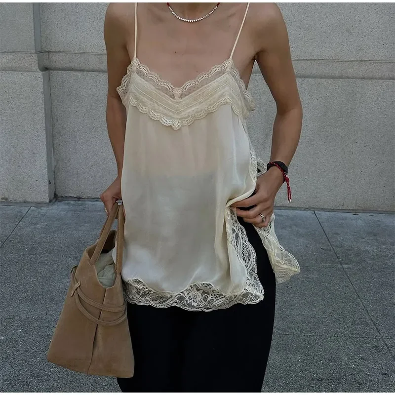 Hirigin النساء الدانتيل تقليم الساتان عالية منخفضة القمم الحرير السباغيتي حزام الجانب سبليت غير المتكافئة كامي الأعلى فلوي حريري طبقات القمم #4