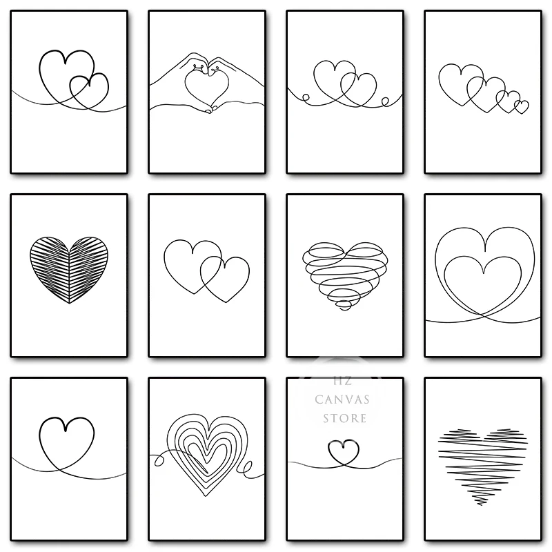 Line Art Heart Love Print Плакат Холст Картина Настенная Картина Минималистская Современная Пара Любителей Спальня Домашний Декор Куадрос