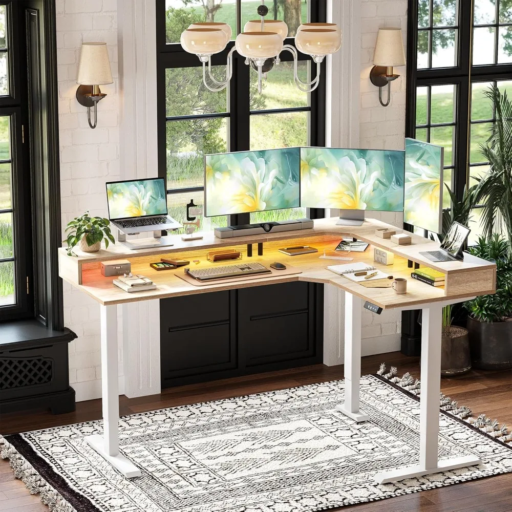 63'' L-Shaped Standing Desk Height Adjustable Corner Table with LED Light Strip Power Outlet And Ergonomic Monitor，Customized