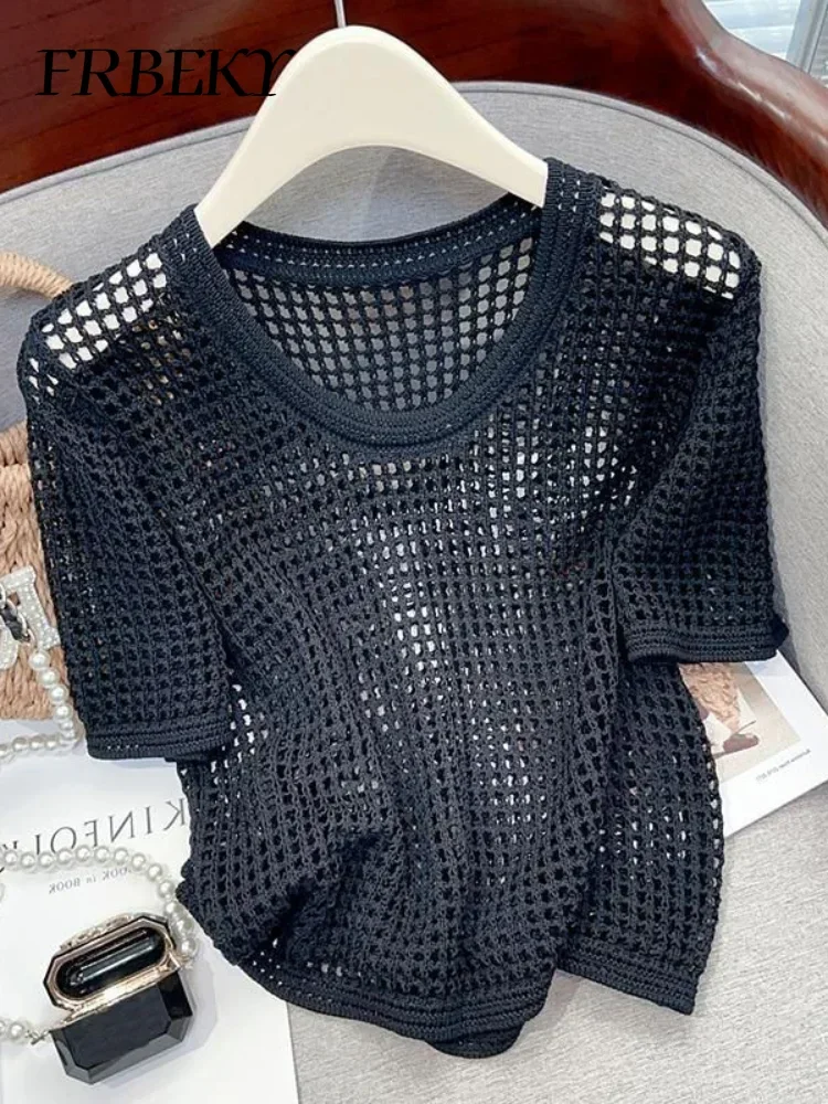 Streetwear Jumper Summer Hollow Thin Short Sleeve Loose Round Neck Knitwear Outerwears Oversized Sweater Women Korean Fashion