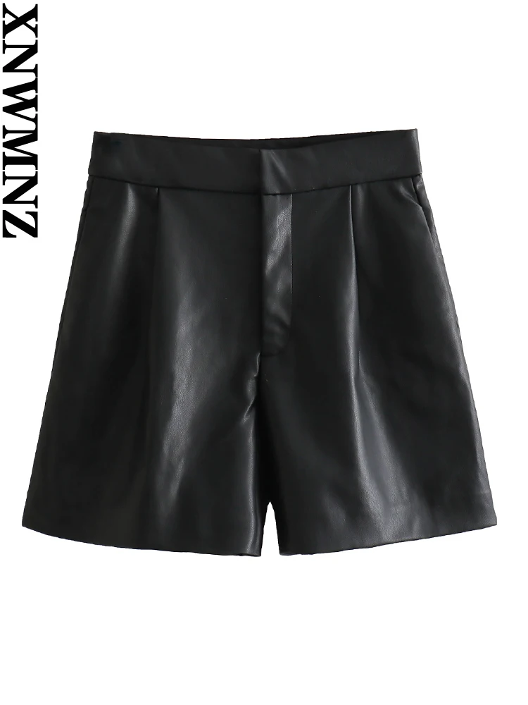 XNWMNZ Women's Fashion 2023 Faux Leather PU Bermuda Shorts Women High Street High Waist Zipper Versatile Female Shorts