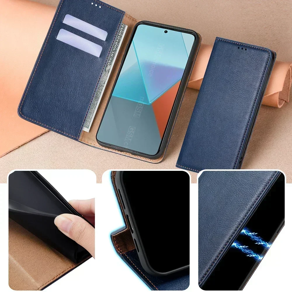 Business Magnetic Leather Wallet Phone Case for Xiaomi Redmi Note 13 13R Pro Plus 13C Poco X6 M6 Pro Flip Cover with Card Slots