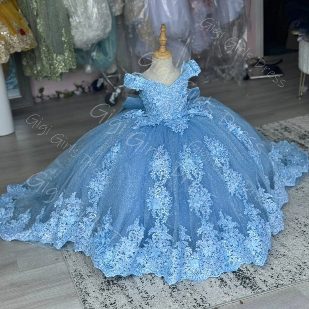 Customized Flower Girl Dress With Bow Beaded Appliques Tulle Princess Pageant Dress Kids Off Shoulder Birthday Party Ball Gown
