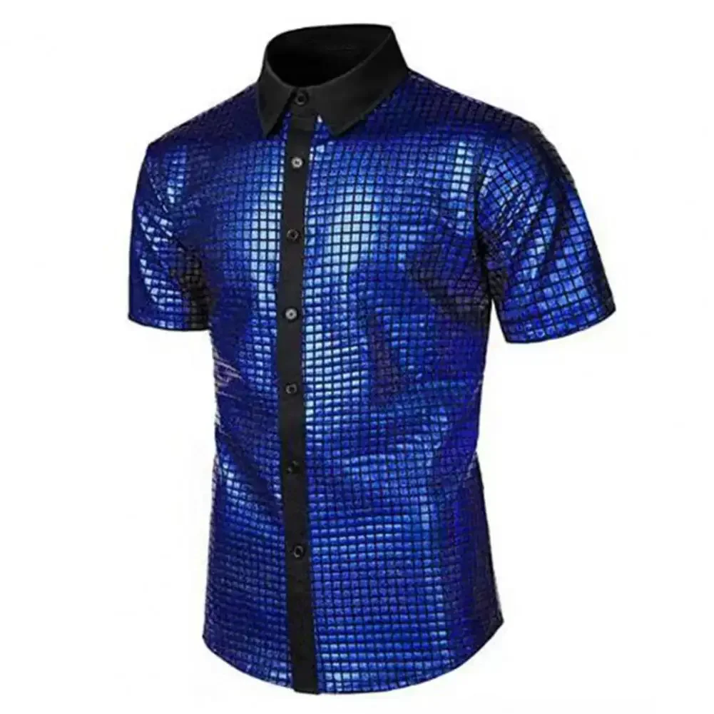 Men Club Shirt Mens 70s Disco Costume Vinatge Shirt Turn-down Collar Reflective Shiny Sequins Short Sleeve Button Down Shirt