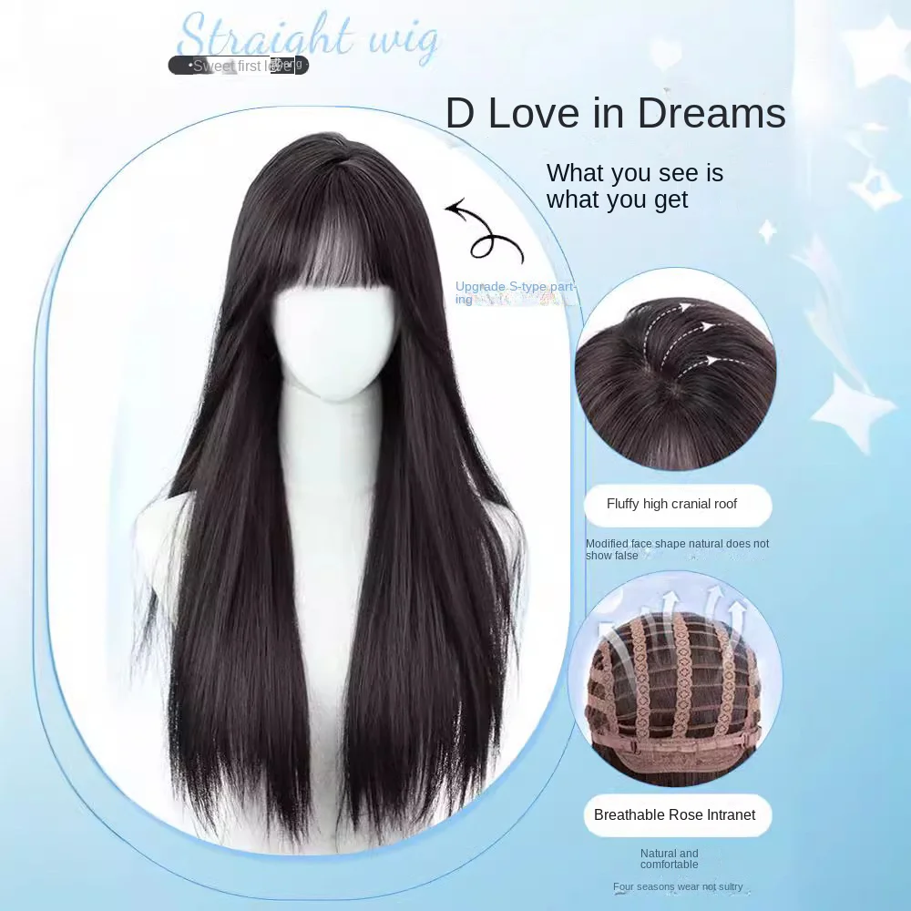 1PC Black Synthetic Wig Long Straight Bangs Natural Hair Cosplay Party Halloween Wig For Women Heat Resistant Full Head Cover image 4