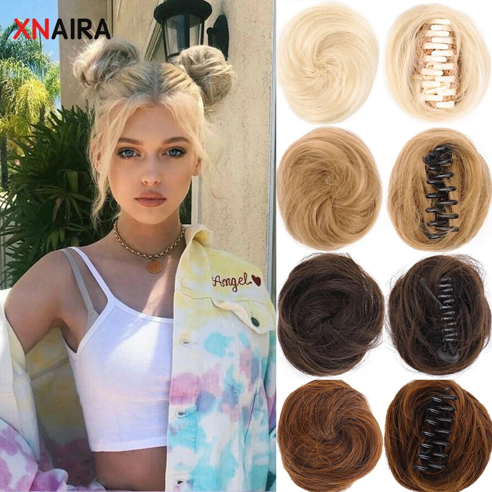 XNaira Girls Curly Scrunchie Chignon With Rubber Band Brown Black Synthetic Hair Ring Wrap On Messy Bun Ponytails Straight Hair