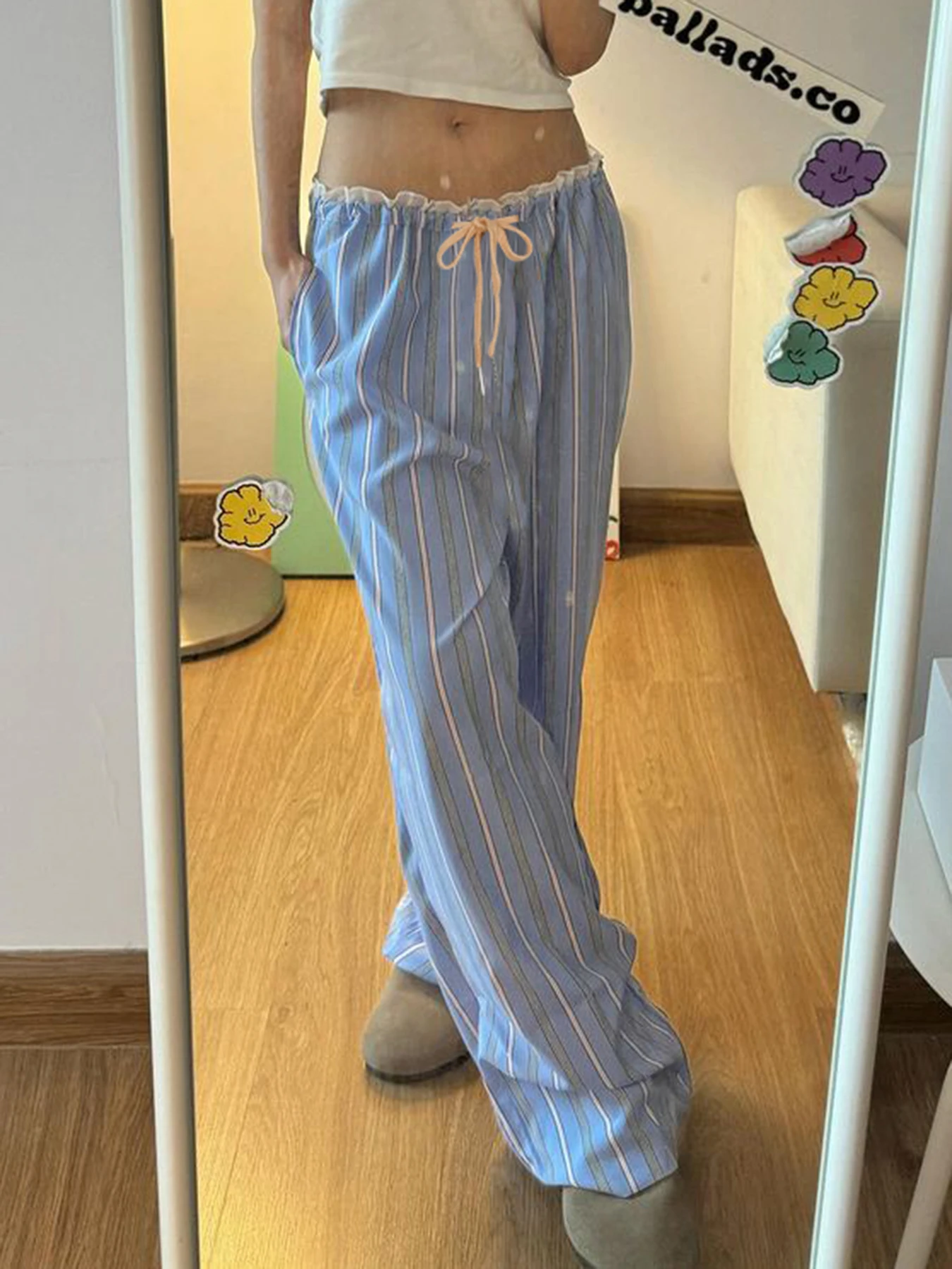 Weekeep Women's Colorful Striped Print Casual Pants Cute Coquette Lace-up Low Rise Baggy Trackpants Korean Style Straight Capris