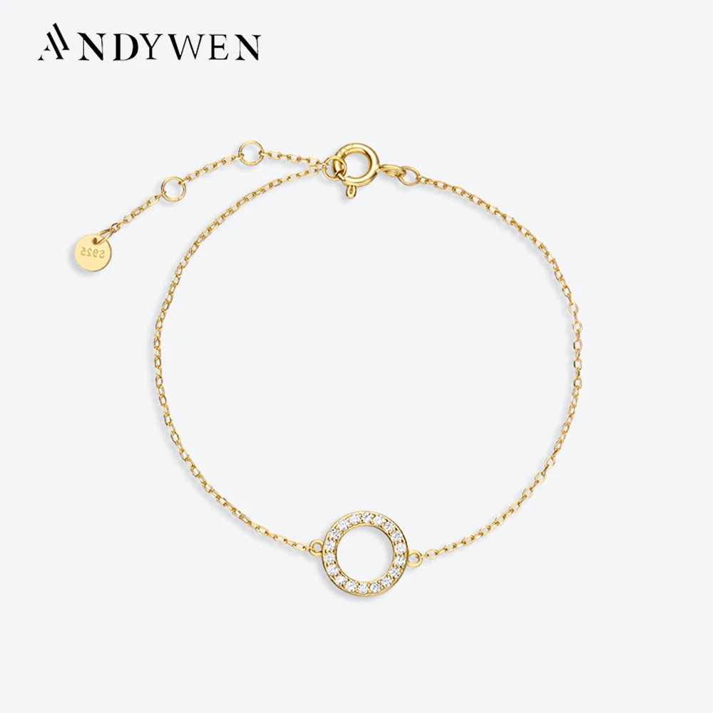 ANDYWEN 925 Sterling Silver 10mm Circle Pendant Charm Bracelet Chain For Women Luxury CZ Zircon Crystal Fine Jewelry Gift