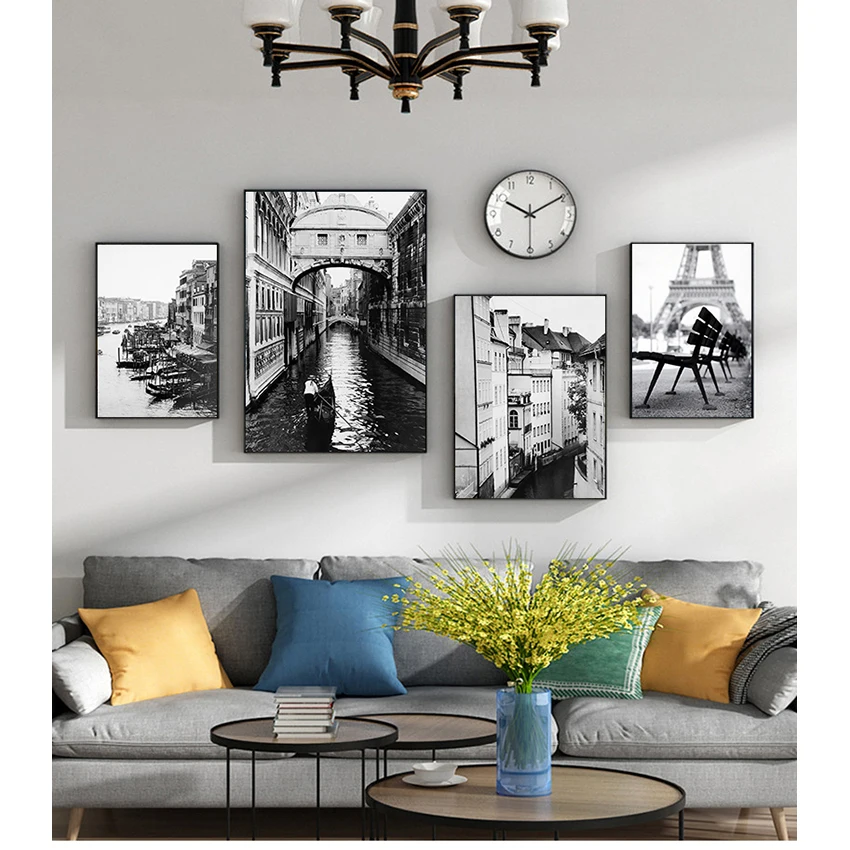 Weiße Retro-Poster-Wandbilder für Wohnzimmerdekoration, Paris-Landschaft, Wandkunst, Leinwandgemälde, nordische Poster und Drucke, Schwarz