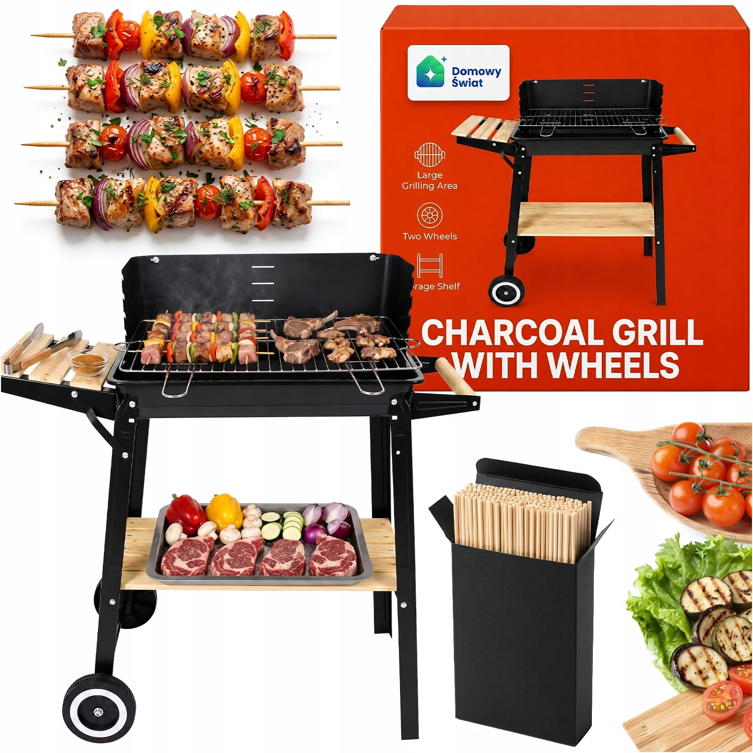 Tuinhaard BBQ Grill op wielen met windscherm, grote roosterplaat, 100 houten spiesjes inbegrepen, gepoedercoat staal, houten panelen, stevige buitenkookstation voor terras, tuin, familiefeest,