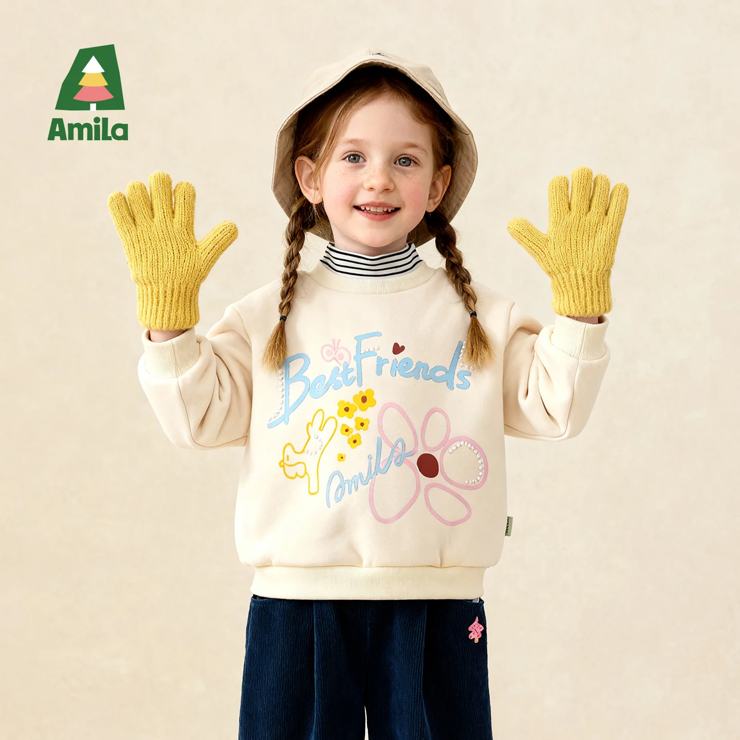 Amila 2026 Kids Girls' Winter Half High Collar Striped Hoodie Soft Fleece Personalized Art Pattern Loose Shoulder Sleeves