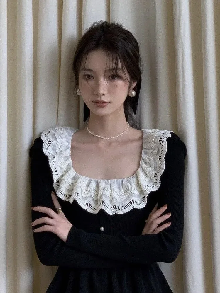 

Ретро кружевной рюшами с квадратным воротником, вязаные топы, женские осенние темпераментные облегающие свитера с длинными рукавами, модный пуловер Y2k