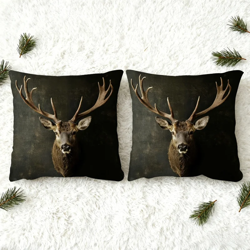 VIKAMA Realistic Stag Deer Head Cushion Case, 3D Antler Print Throw Pillow Cover, Rustic Decorative Pillowcase For Home Sofa