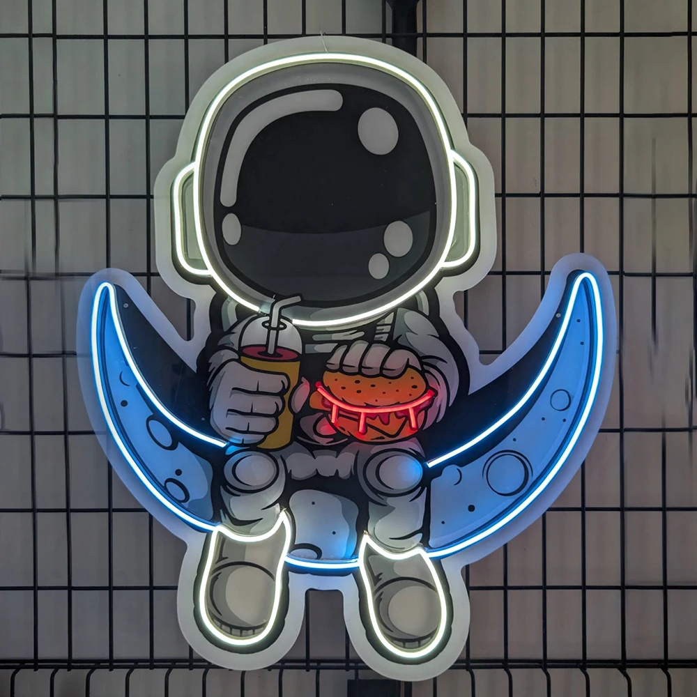 

Custom Neon Sign Astronaut Eating Hamburger LED Neon Light Restaurant Pizza Shop Fast Food Store Wall Decor Business Neon Signs