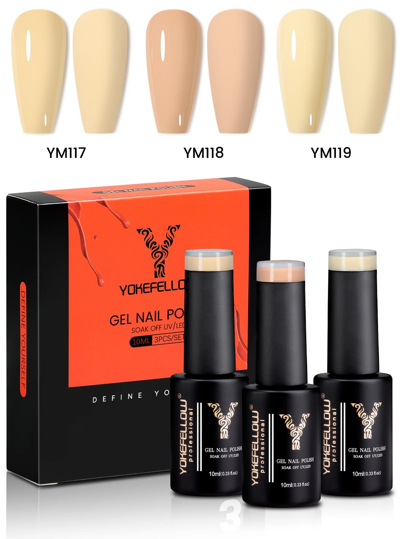 YOKEFELLOW Yellow Gel Nail Polish Set 3 Colors Nude Orange High Gloss Soak Off Gel Polish Kit for Salon and Nail Art DIY at Home