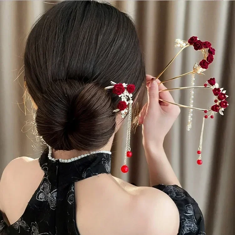 New Chinese Style Red Rose U-shaped Tassel Hairpin Womens Horse Face Skirt Accessories Headwear