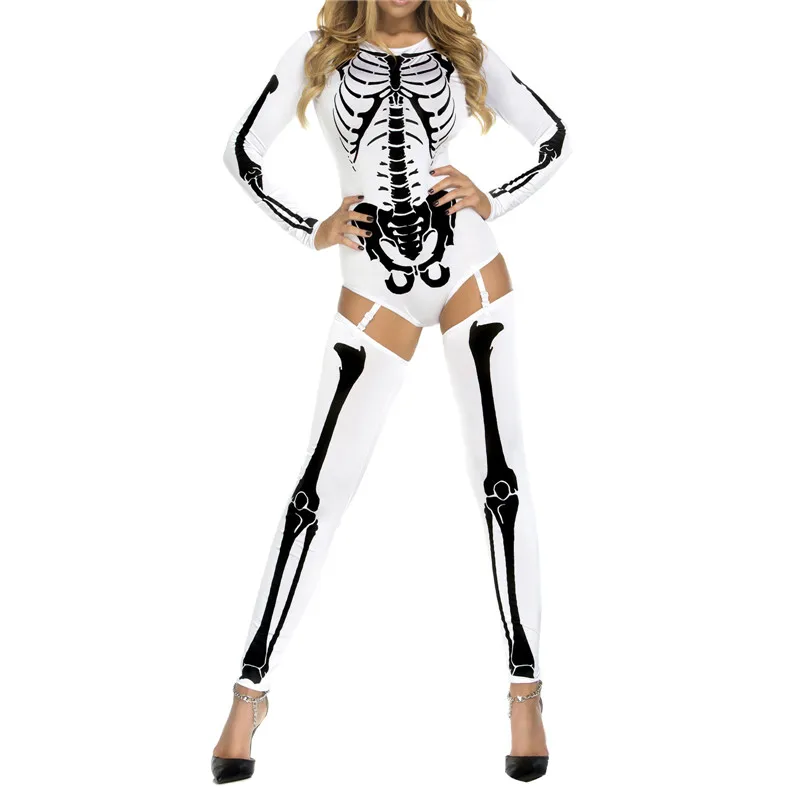 Halloween Women Long Sleeve Jumpsuit Set Skeleton Printing Round Collar Slim Bodysuit Costume Props for Cosplay Show Party