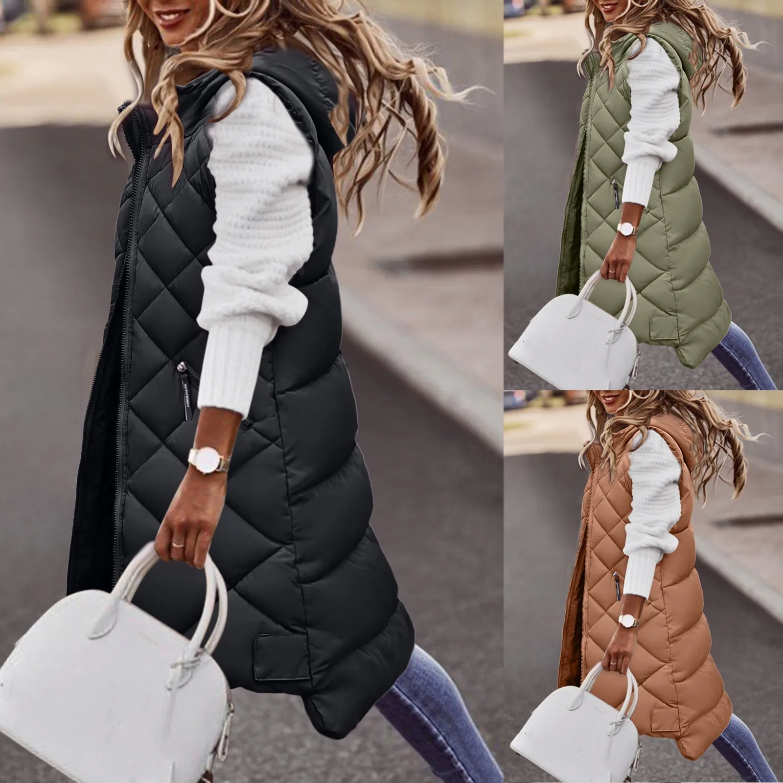 Women's Sleeveless Vest Long Down Jacket Solid Korea Hooded Padded Vests Loose Females 2023 Ladies Fashion Casual Winter Coat