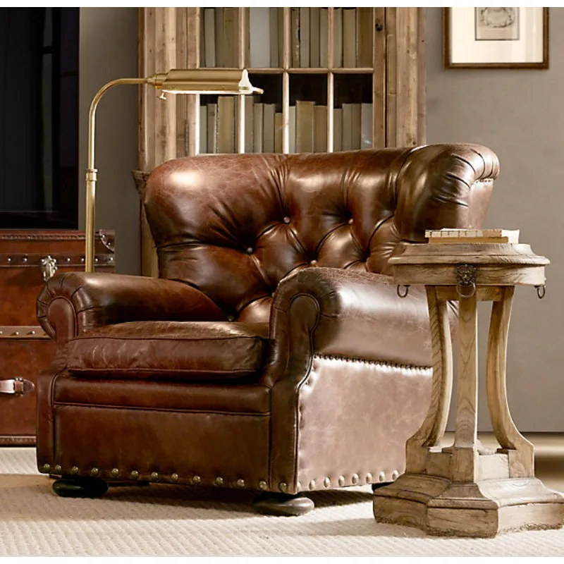 Three-person sofa American country retro oil wax cowhide single sofa
