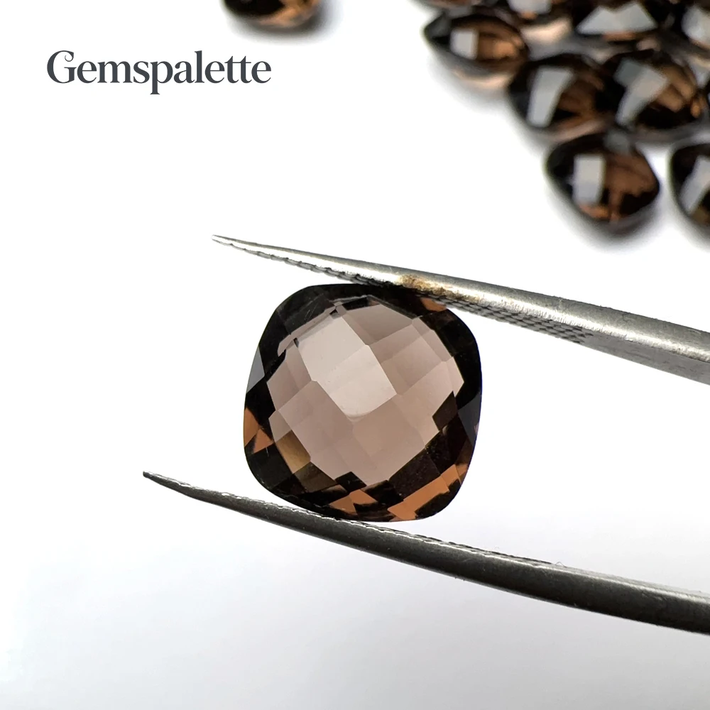GP,1Pc Natural Smoky Quartz Loose Gemstone Double Checkerboard Cushion Cut 12mm Brown Stone for Jewelry Making DIY Wholesale