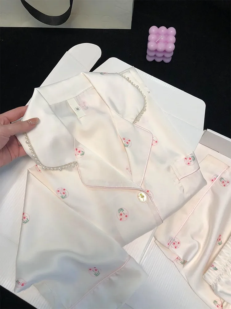 

Ice Silk Long Sleeve Sleepwear Women's Spring Autumn Summer Home Clothes Periwinkle Pearl Print Comfortable Loose Fit