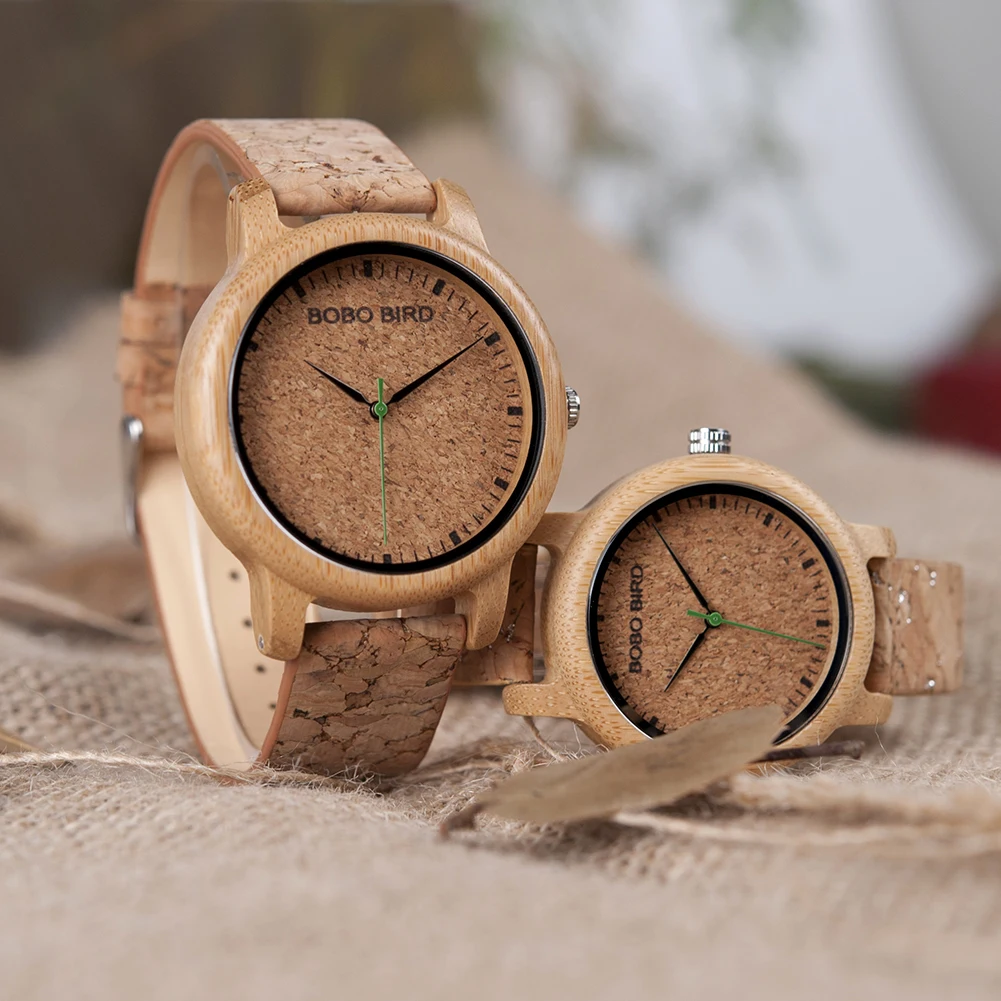 BOBO BIRD Couple Watch Bamboo Quartz Wristwatch For Lovers Men Women Cork Leather Strap Timepieces Great Gift Dropshipping