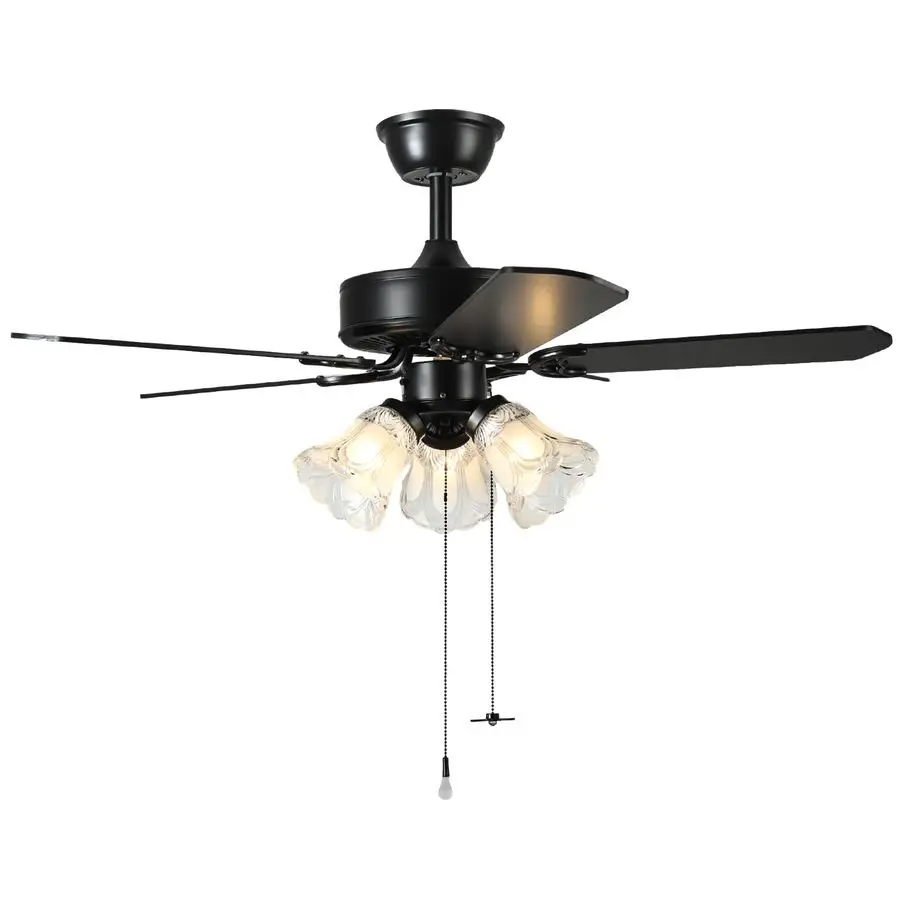 

Inch Indoor Ceiling Fan with PullChain and Three LED Light Bulbs Base, Traditional 3Speeds Reversible Blades Ceiling Fan Black