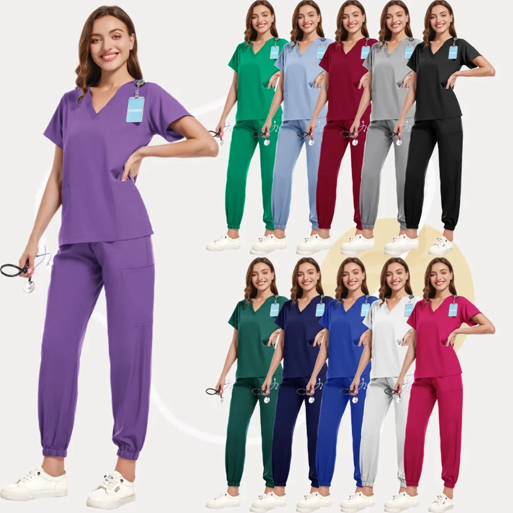 Damski zestaw medyczny do pielęgnacji, 11 kolorów, dekolt w serek, spodnie dresowe, strój dla lekarza, pielęgniarki, do salonu kosmetycznego, kliniki, komplety medyczne.