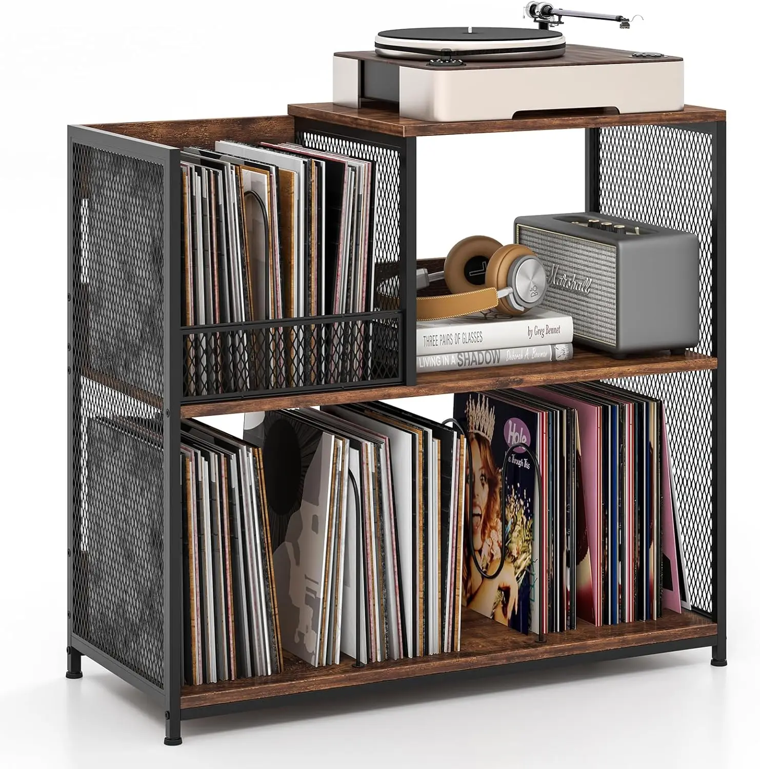 Il supporto per giradischi a 3 livelli può contenere fino a 300 album, tavolino girevole con 3 divisori rimovibili e struttura in metallo, display in vinile