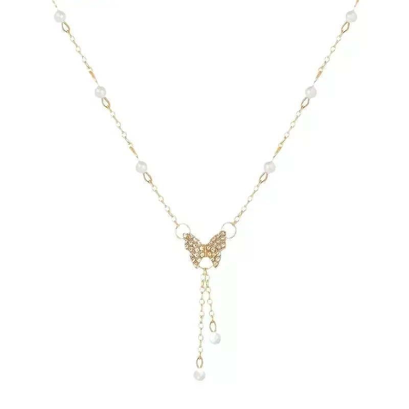 Shiny Pearl Butterfly Necklace Crystal Pendant Collar Chain Necklace Ladies Wedding Party Jewelry Gift