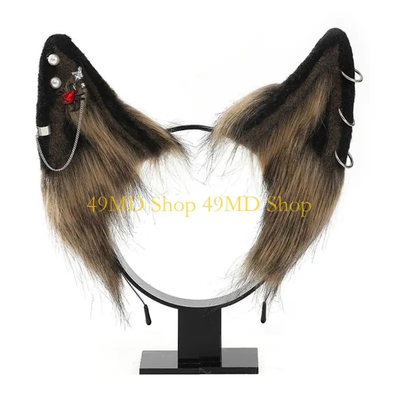 49MD Cartoon Wolf Ear Hair Hoop with Alloy Earring Hair Holder Cosplay Party Headwear