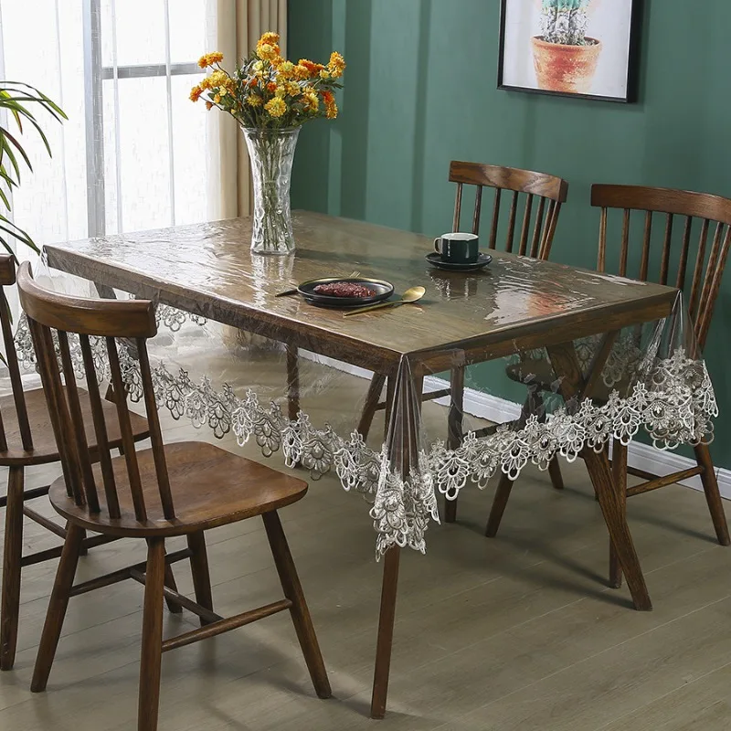 Table Cloth PVC Waterproof Transparent Dining Table Cover Soft Water Soluble Lace Three Dimensional Carving Embroidered Oilproof