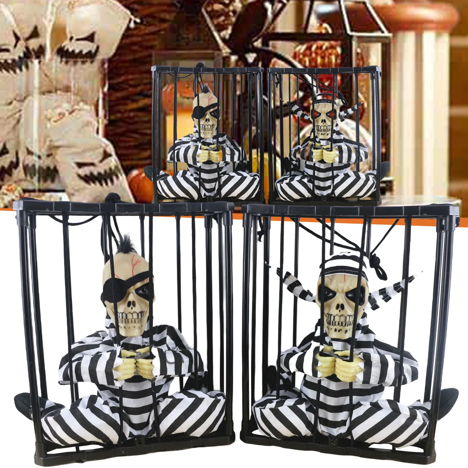 Halloween Scary Skull Cage Prisoner Decor With Motion Sensor Haunted Prison Ghost Halloween Haunted House Horror Props