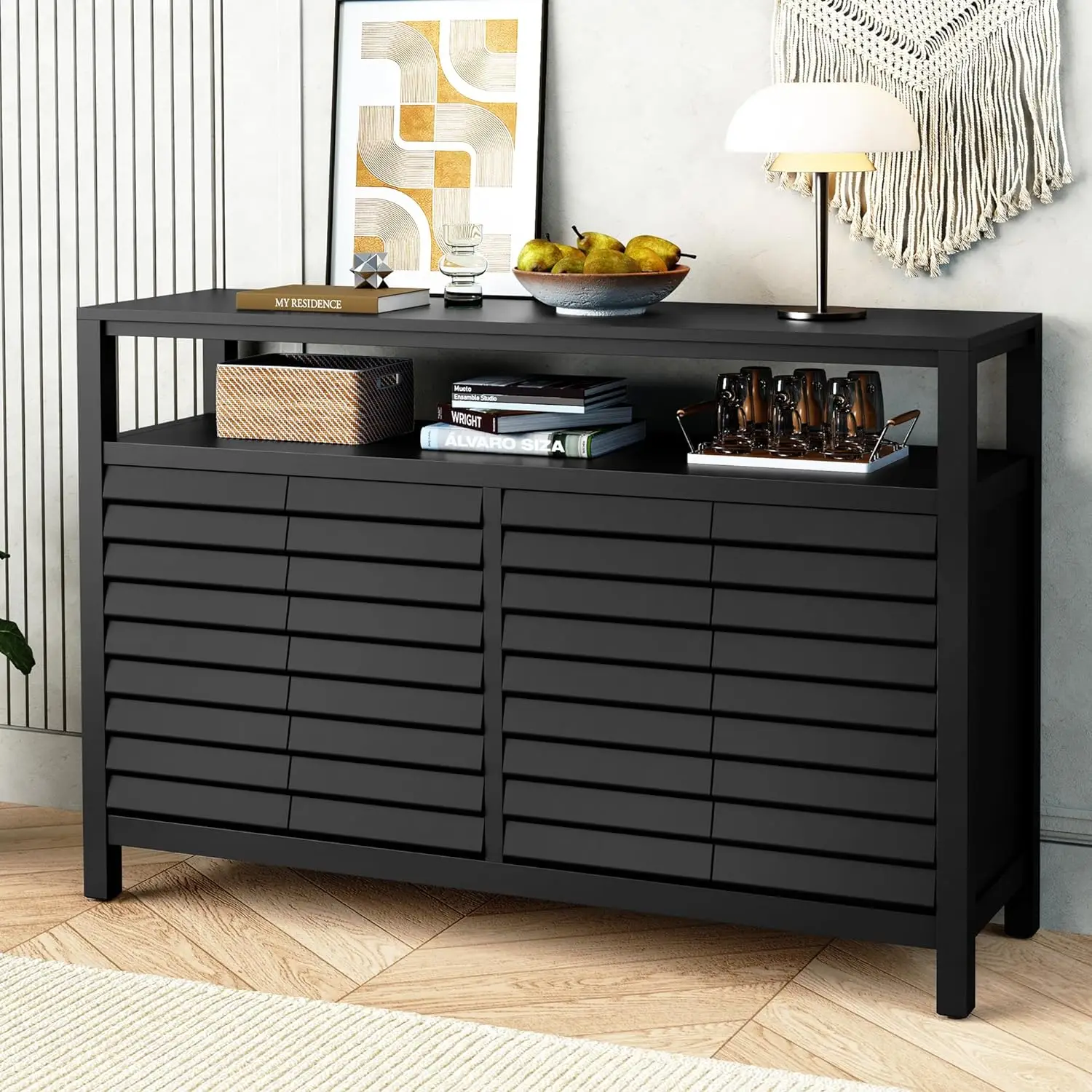 

HLR Sideboard Buffet Cabinet with 4 Doors&Shelves,Accent Storage Cabinet with Decorative Louvered Doors,Credenza Storage Cabinet