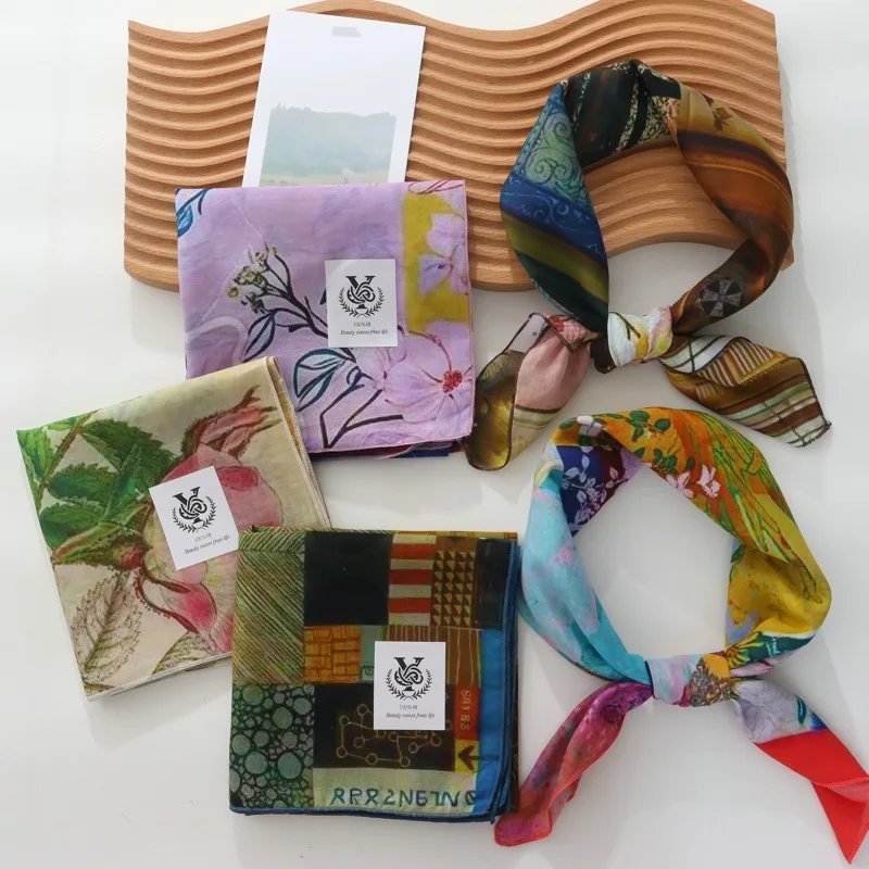 

100% Cotton Pastoral Oil Painting Style Small Square Towel Women's New Fashion Versatile Multi-Purpose Decoration Bag Hair Band
