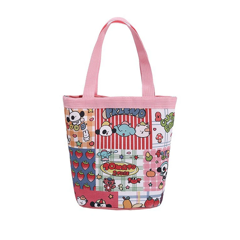 Bolsa de balde de lona casual para mulheres, desenhos animados, lancheira, bolsas escolares