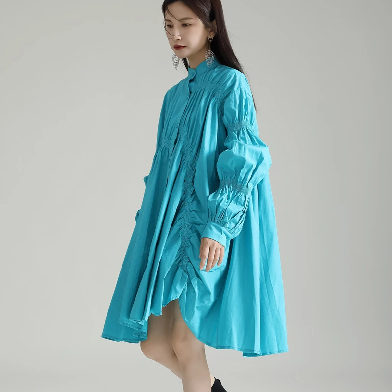 Johnature New Summer Shirt Dresses 2024 Fashionable Loose Irregular Shirred Balloon Sleeve Large Swing 6 Colors All Match Dress