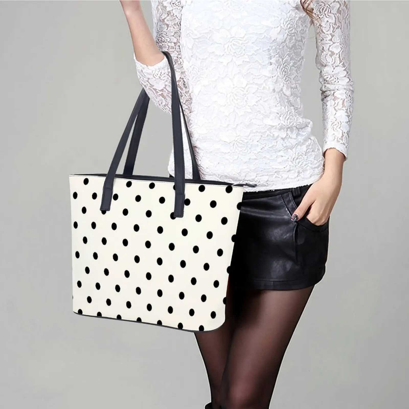 Borse classiche a pois bianco nero Polkadots borsa a tracolla in pelle PU retrò donna ufficio Tote Bag personalizzata borse Shopper Casual