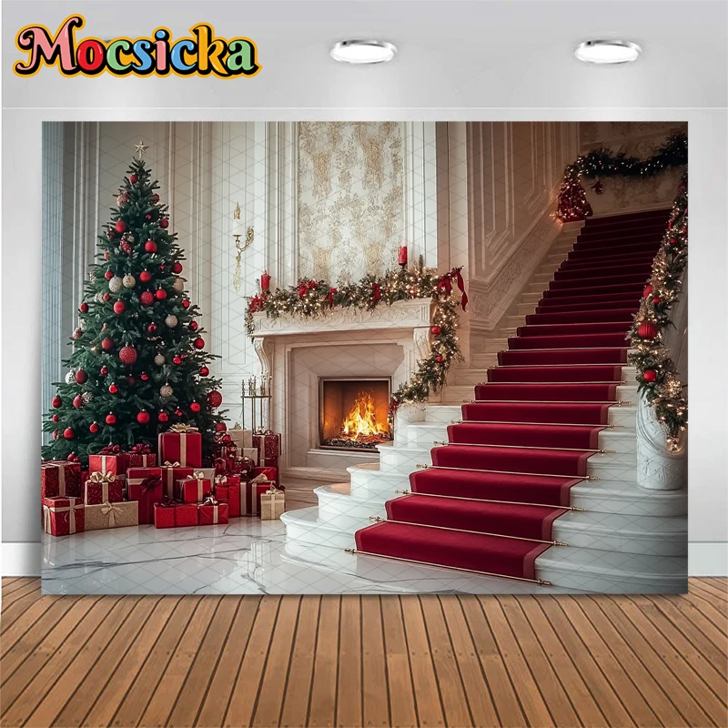 Mocsicka Merry Christmas Backdrop New Year Party Xmas Tree Palace Staircase Fireplace Festival Backgrounds Decorations Wallpaper
