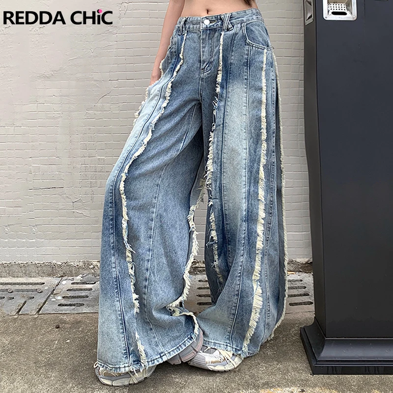 

REDDACHiC Vintage Patchwork Tassels Women Baggy Jeans Plus Size Frayed High Rise Wide Leg Denim Pants Boyfriend Casual Clothes