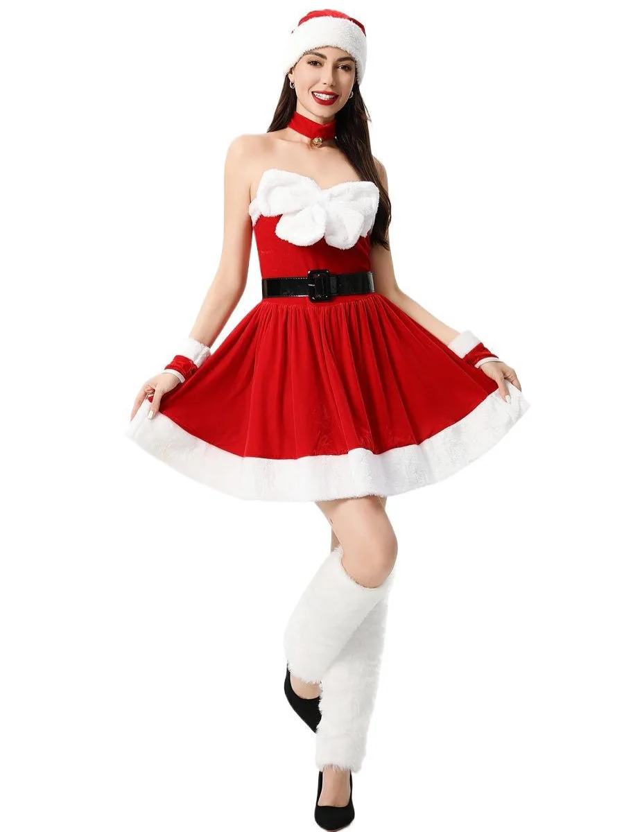 Dames Kerst Santa Dress Deluxe Mrs Claus Kostuum Fluwelen Jurk Choker Hoed Handschoenen Set Cosplay Outfits