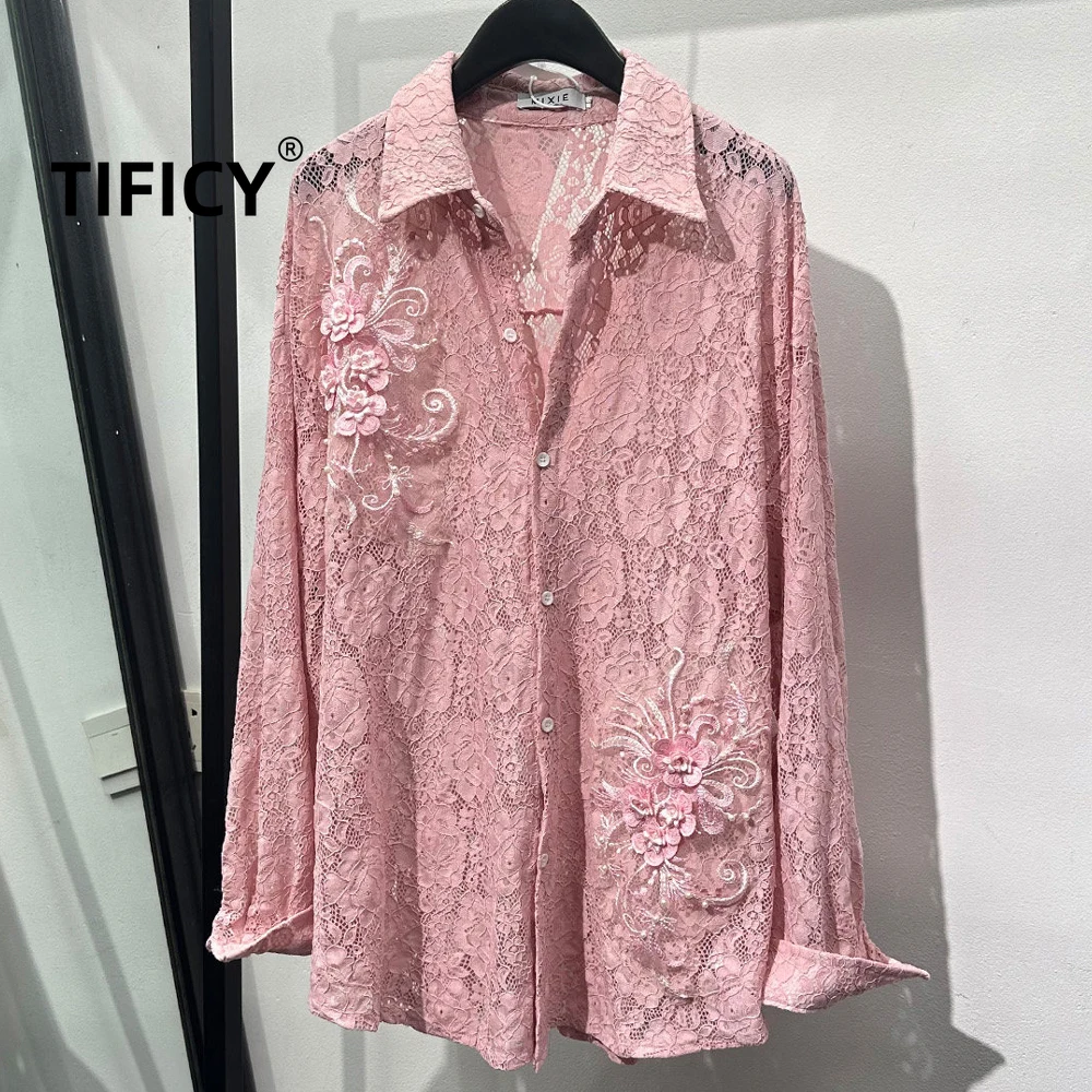 High Street Shrits Men's Fashionable Lace Patchwork Long Sleeved Autumn Loose Retro Lazy Style Hollow Out Casual Shirt