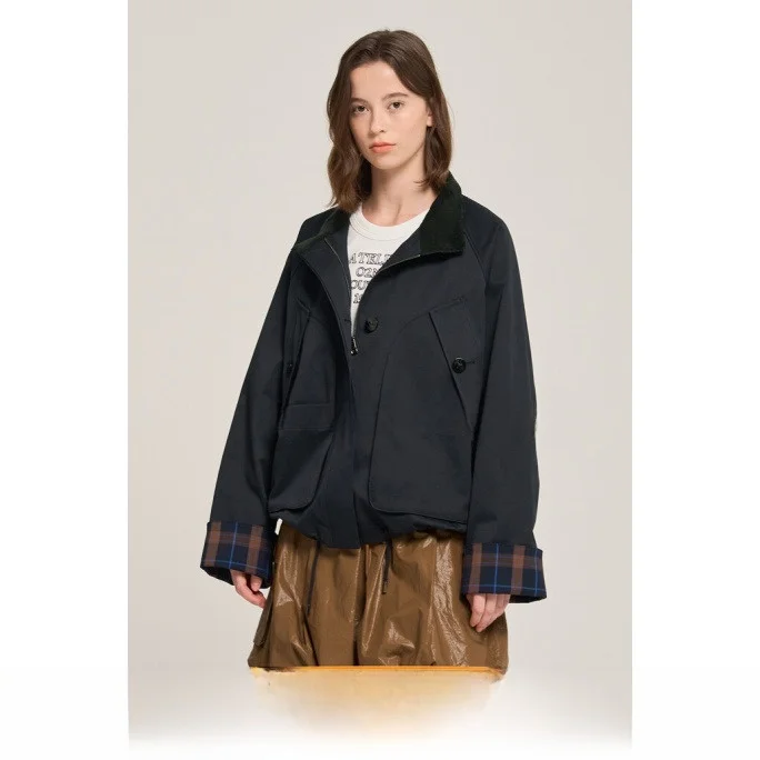 Jaet en coton amincissant avec col banlieue Sle couleur Blo polyvalent Long Sve vêtements d'extérieur pour femmes bouton détail