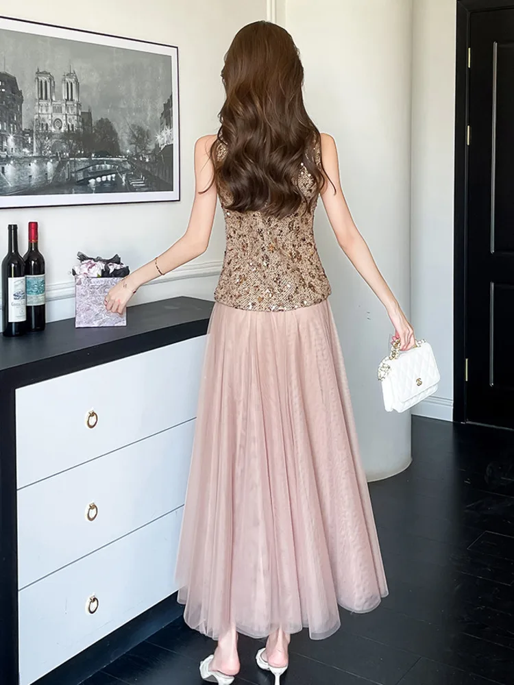 Woman Outfit Luxury Sequins Vest Top + Long Skirt Set Conjunto Feminino 2025 Spring Summer French Small Fragrant 2 Piece Sets