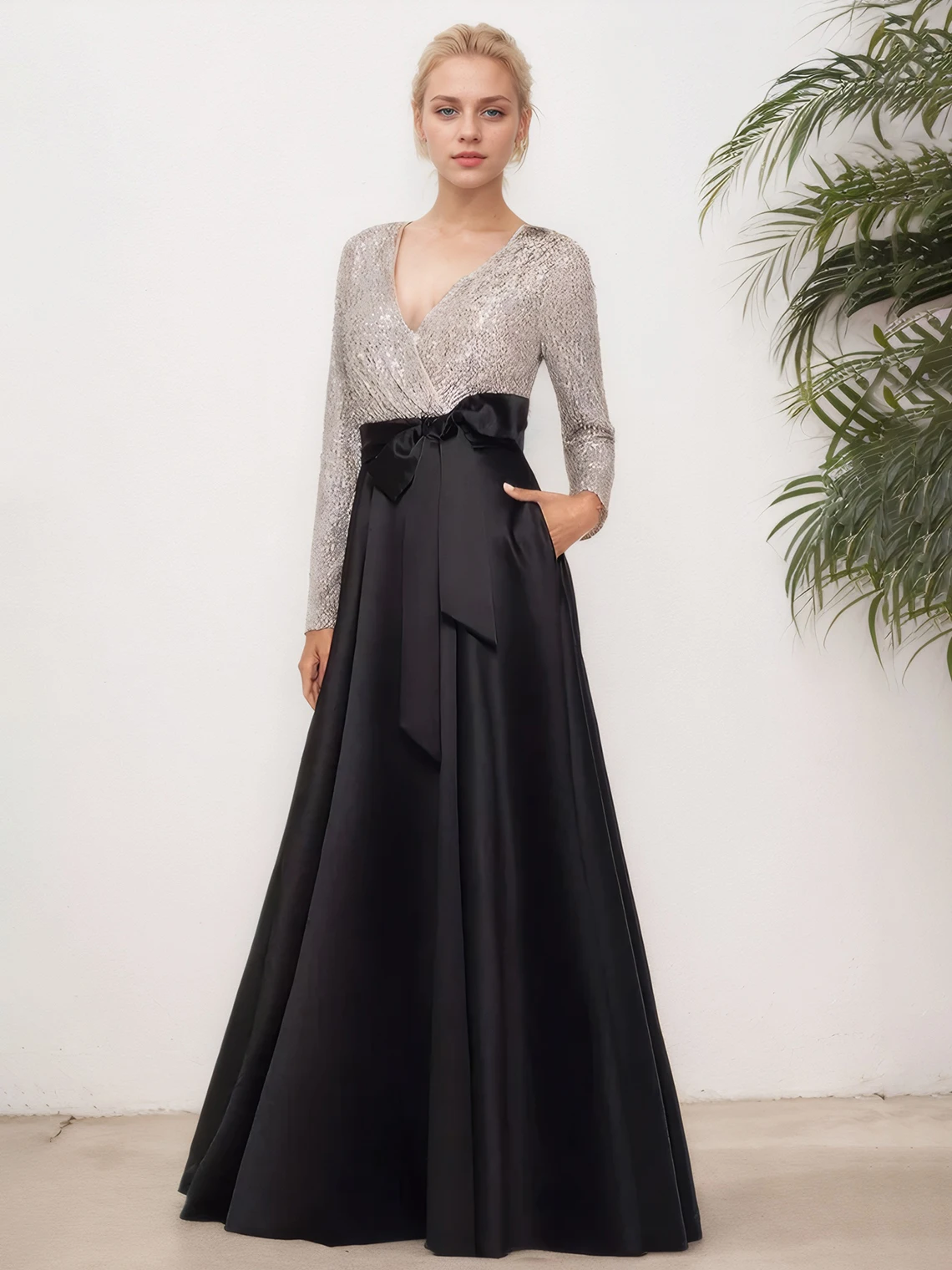 

A-Line Evening Gown Elegant Dress Formal Floor Length V Neck Wedding Guest Dress Satin Sequin Pocket 2025 free customized